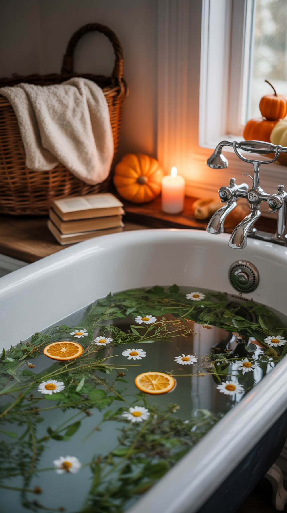 A cozy bathroom with a tub filled with herbal-infused water and fall decorations like pumpkins and corn.