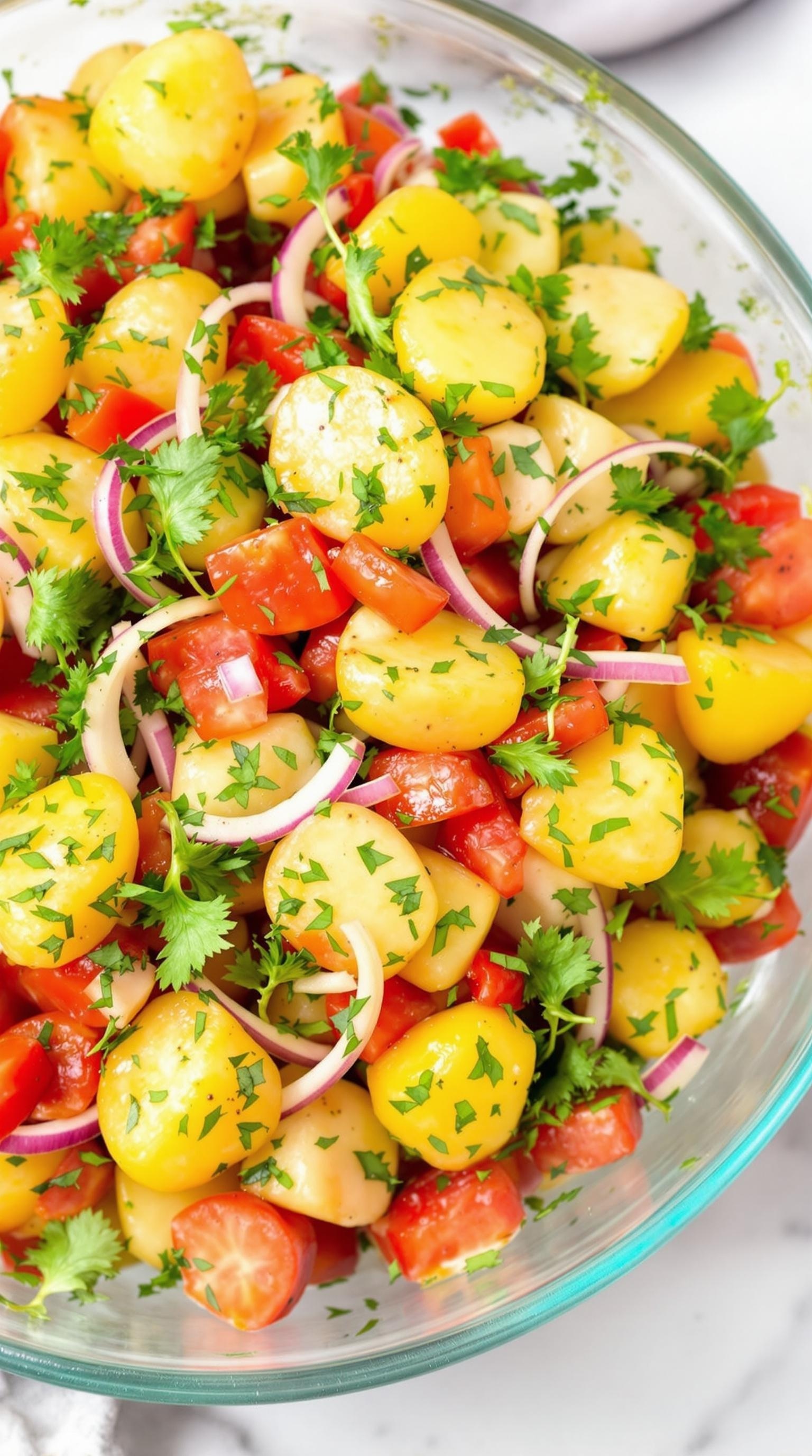 A colorful herbed potato salad with yellow potatoes, red tomatoes, and green cilantro.