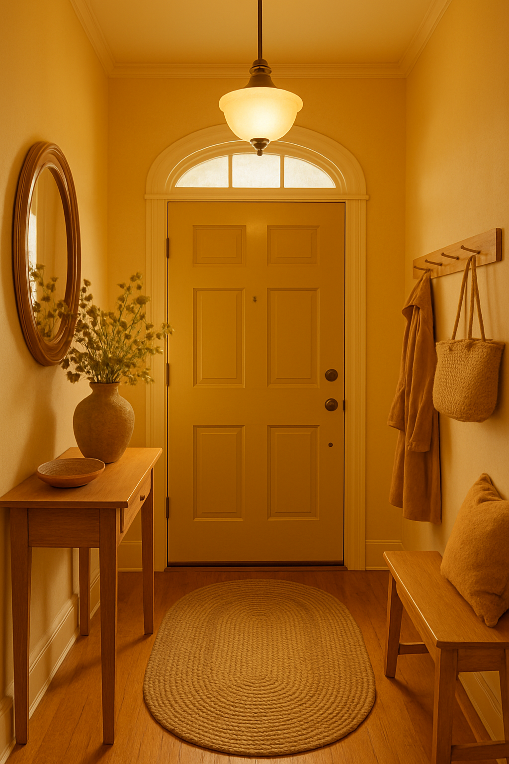 A cozy entryway painted in honey yellow with wooden furniture and soft textures.