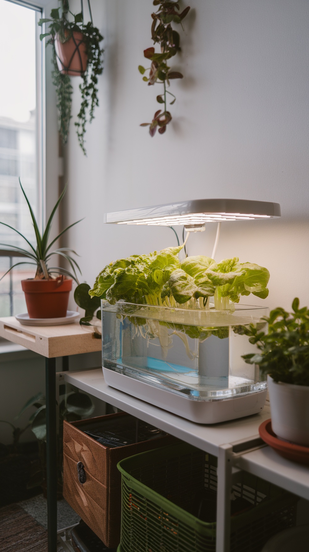 A hydroponic system with leafy greens growing in a clear container, illuminated by a bright light, surrounded by other plants.