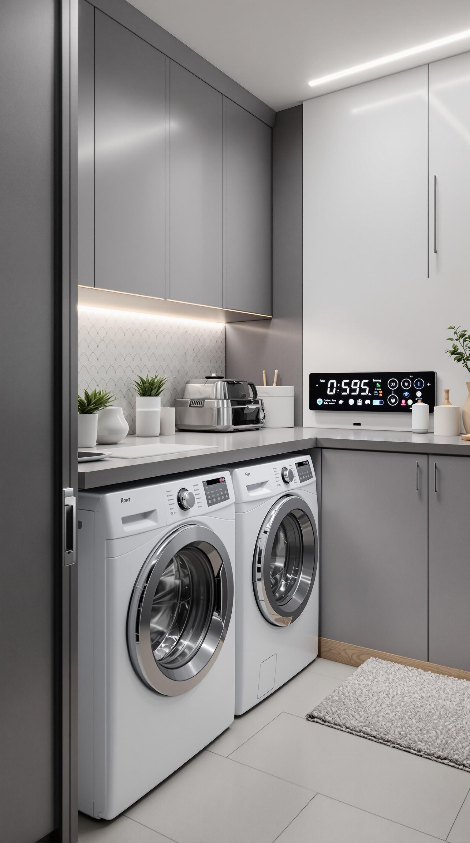 A modern laundry room featuring sleek washing machines, a digital timer display, and stylish cabinetry.