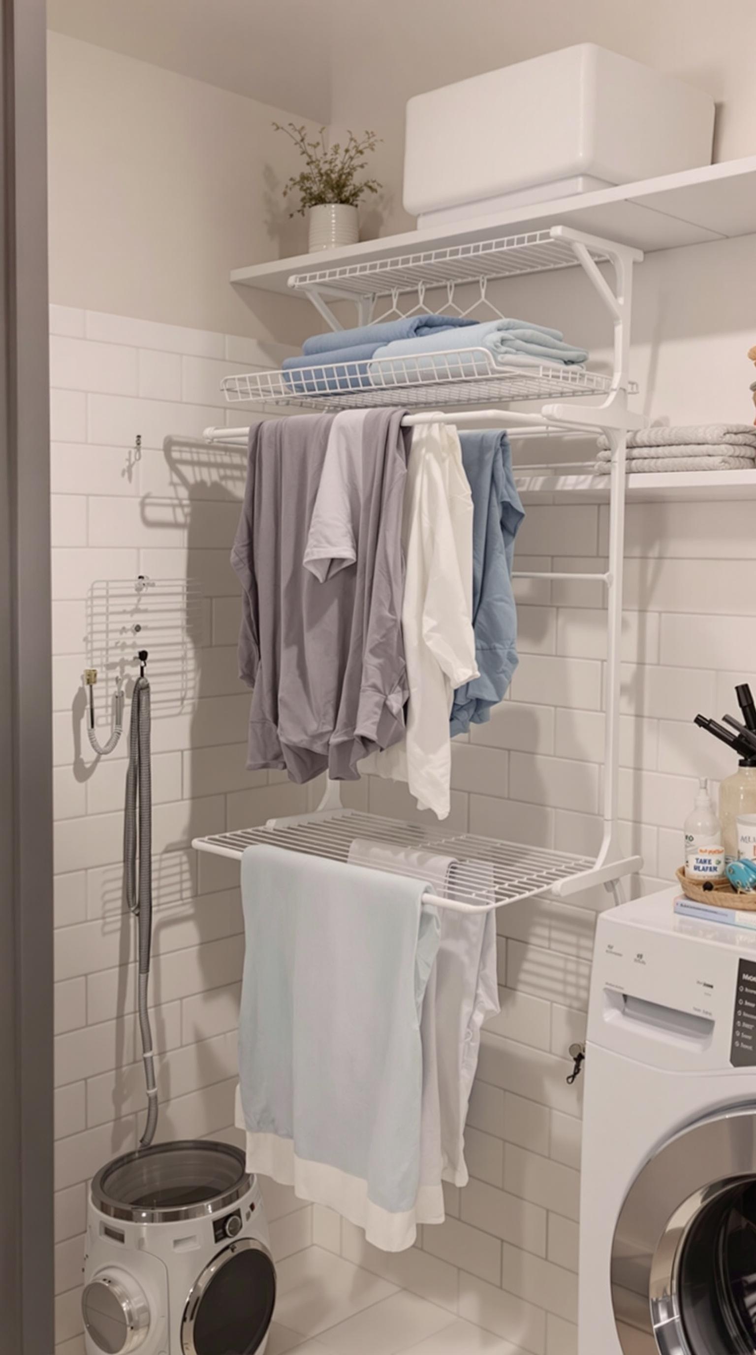 A modern laundry room with a white drying rack holding clothes and towels.