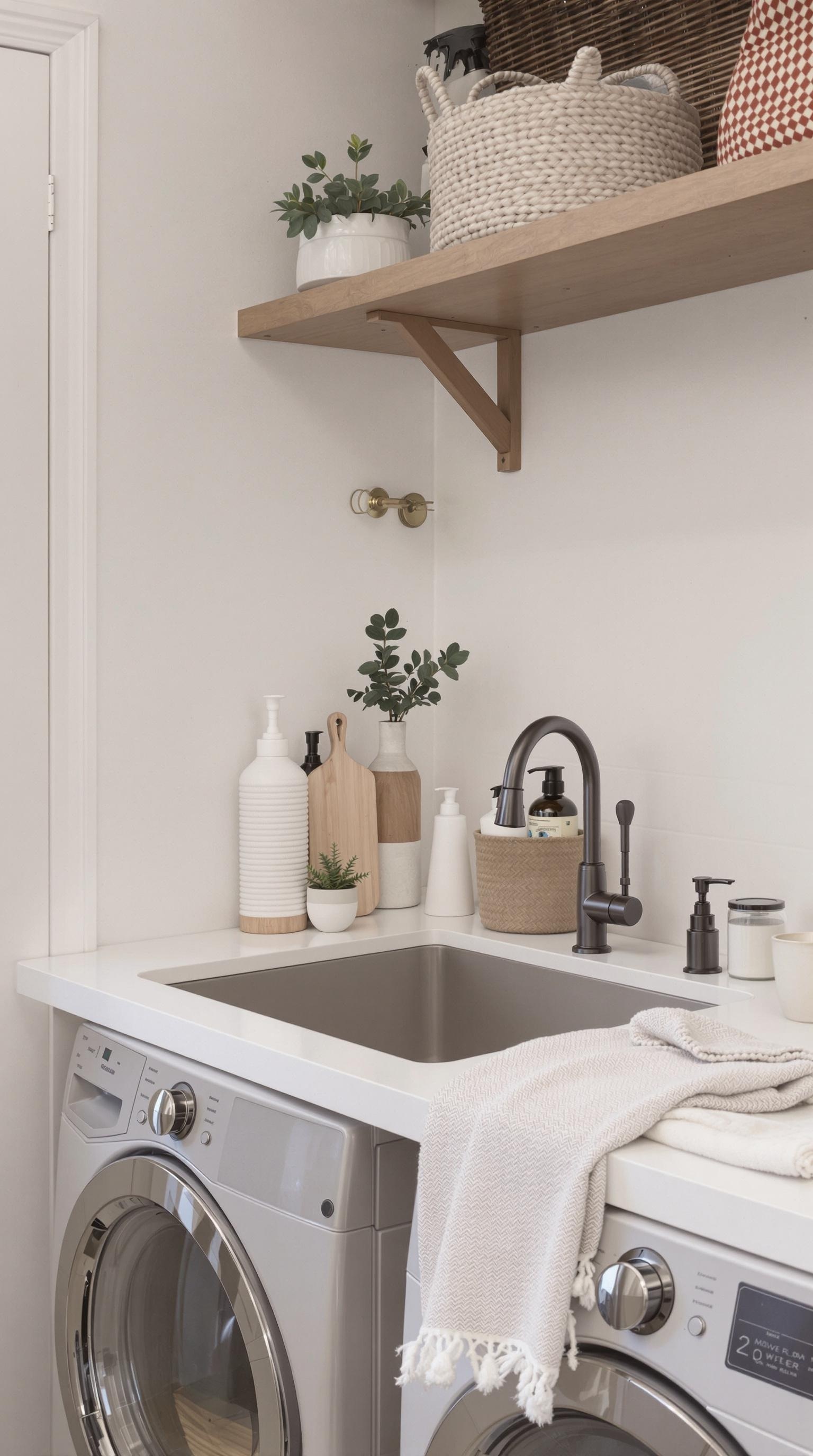 A stylish laundry room featuring a utility sink, modern faucet, and organized shelves with plants and cleaning supplies.
