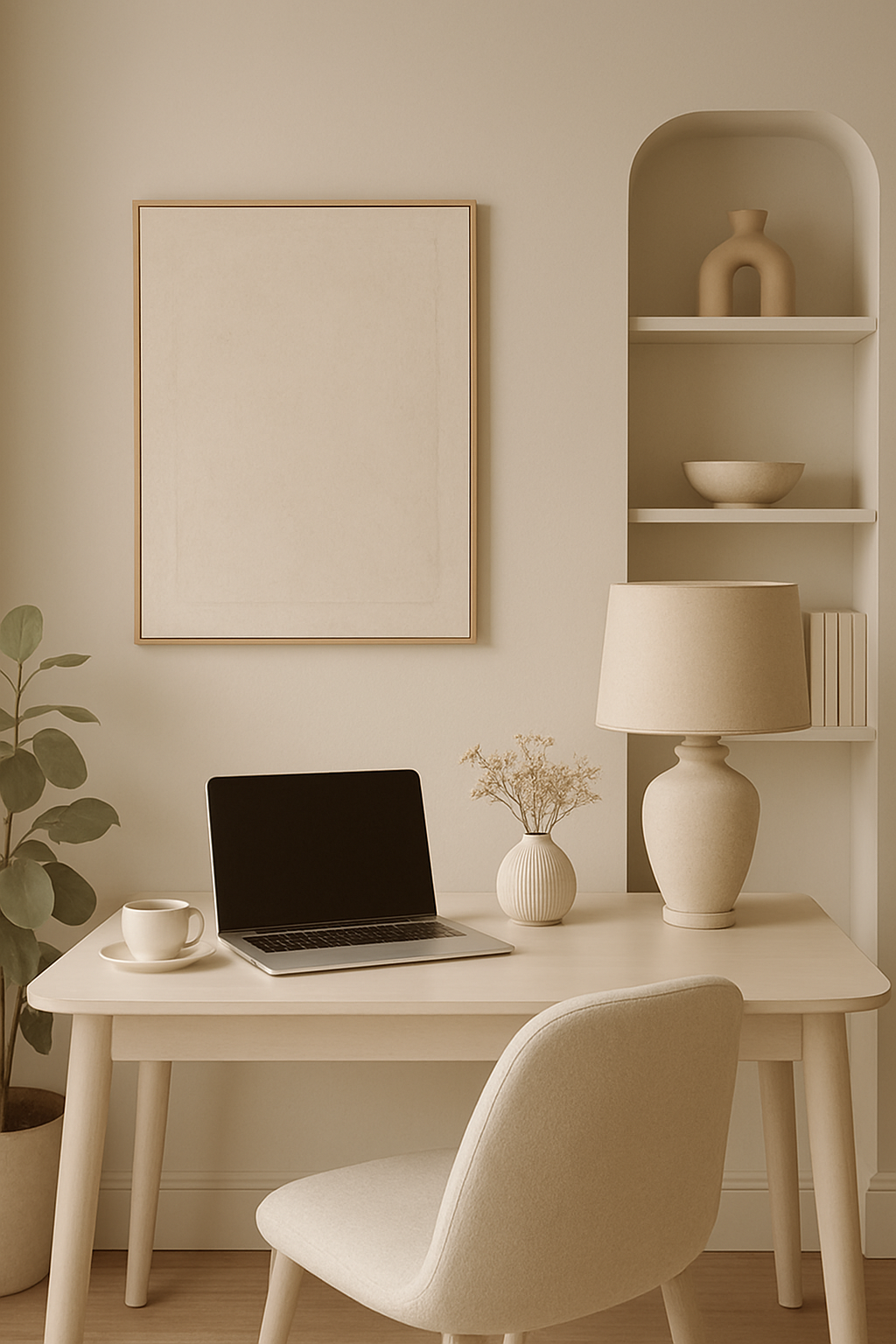 A cozy home office with cream-colored accents, featuring a desk, chair, laptop, and decorative items.
