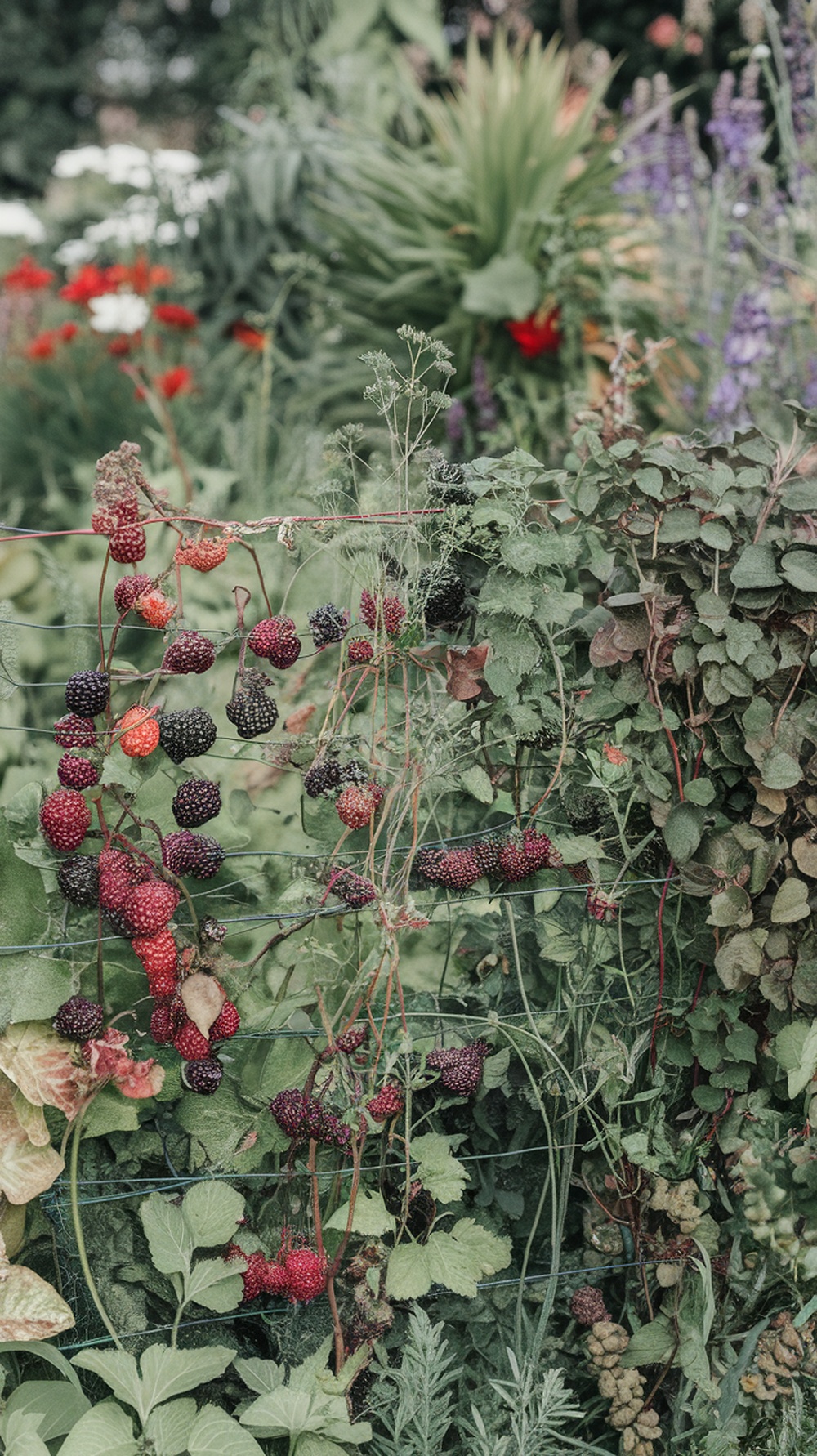 A vibrant display of berries growing on a trellis, surrounded by lush greenery.