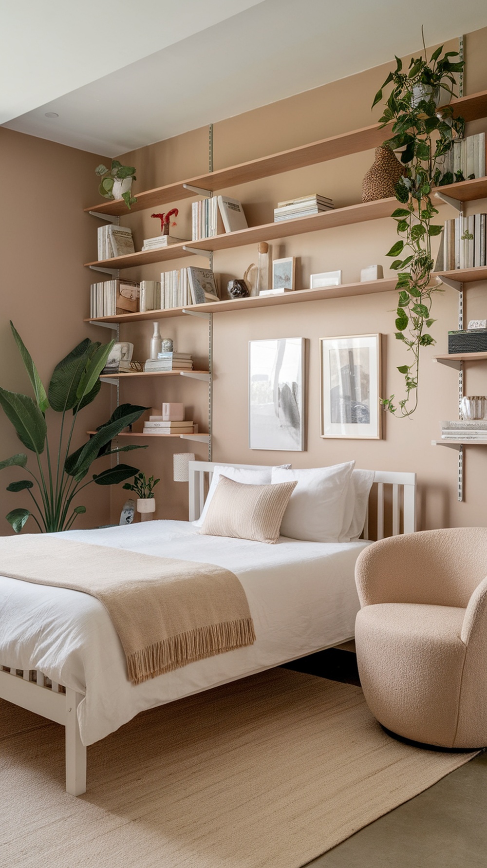 A cozy bedroom featuring lush greenery, a bed with soft bedding, and a wooden table.