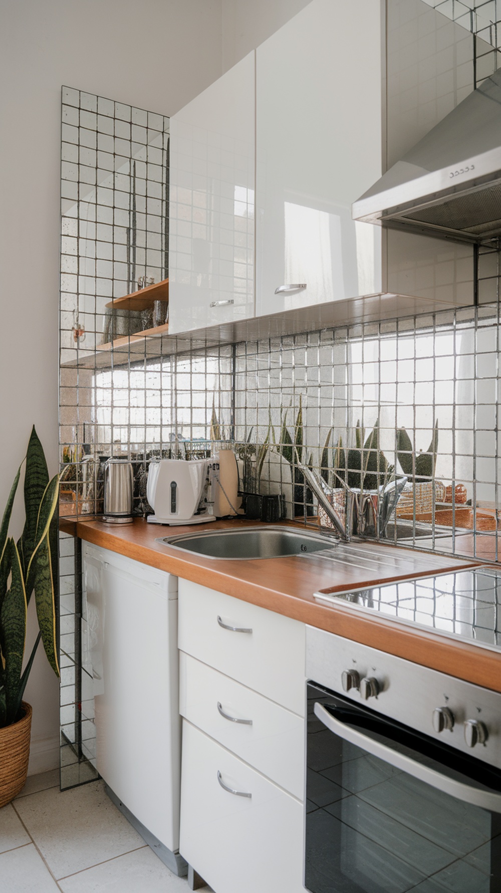 A small kitchen with a mirrored backsplash, showcasing a modern design with plants and kitchen appliances.