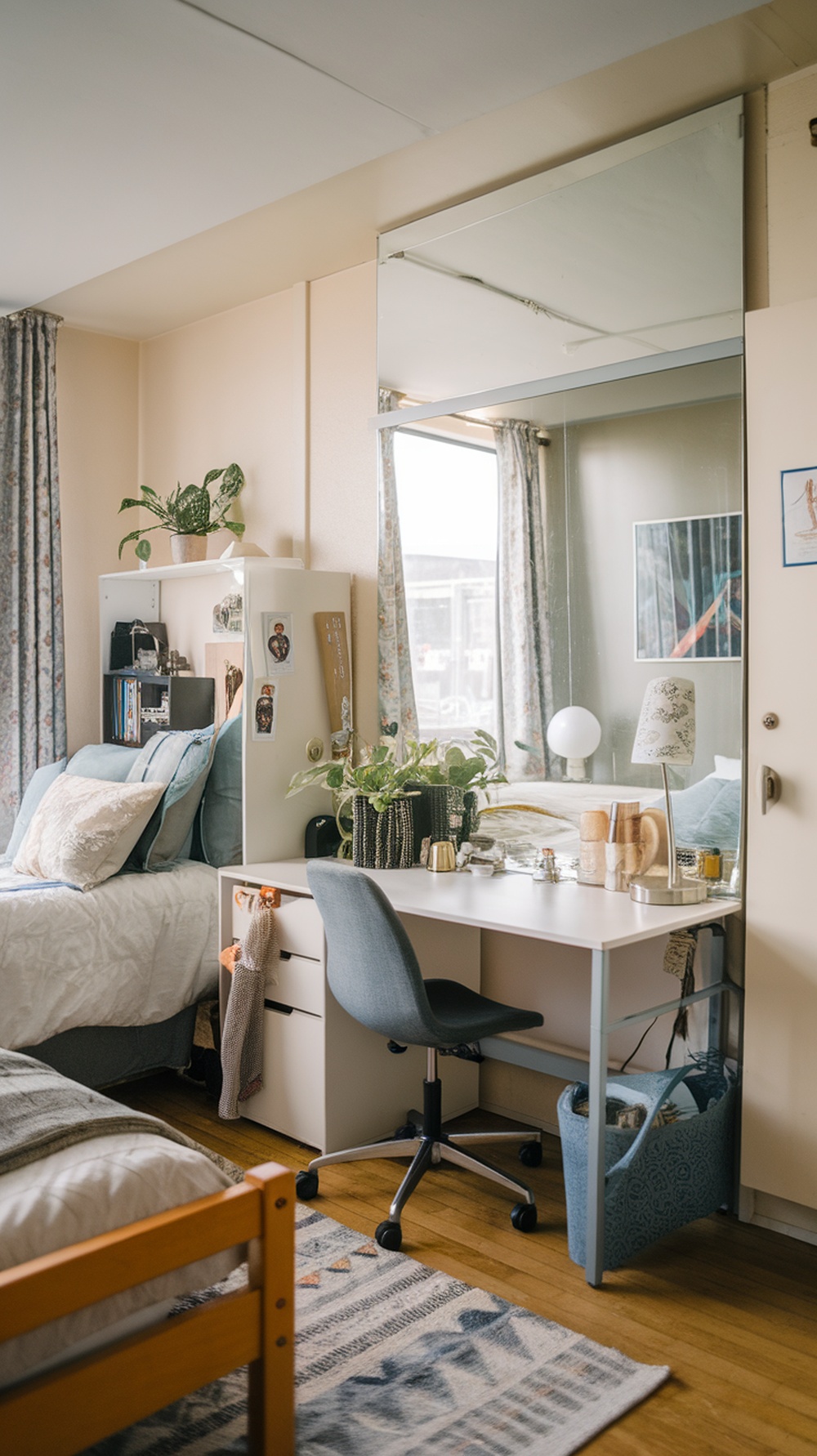A dorm room featuring a large mirror above a desk, creating an illusion of space.
