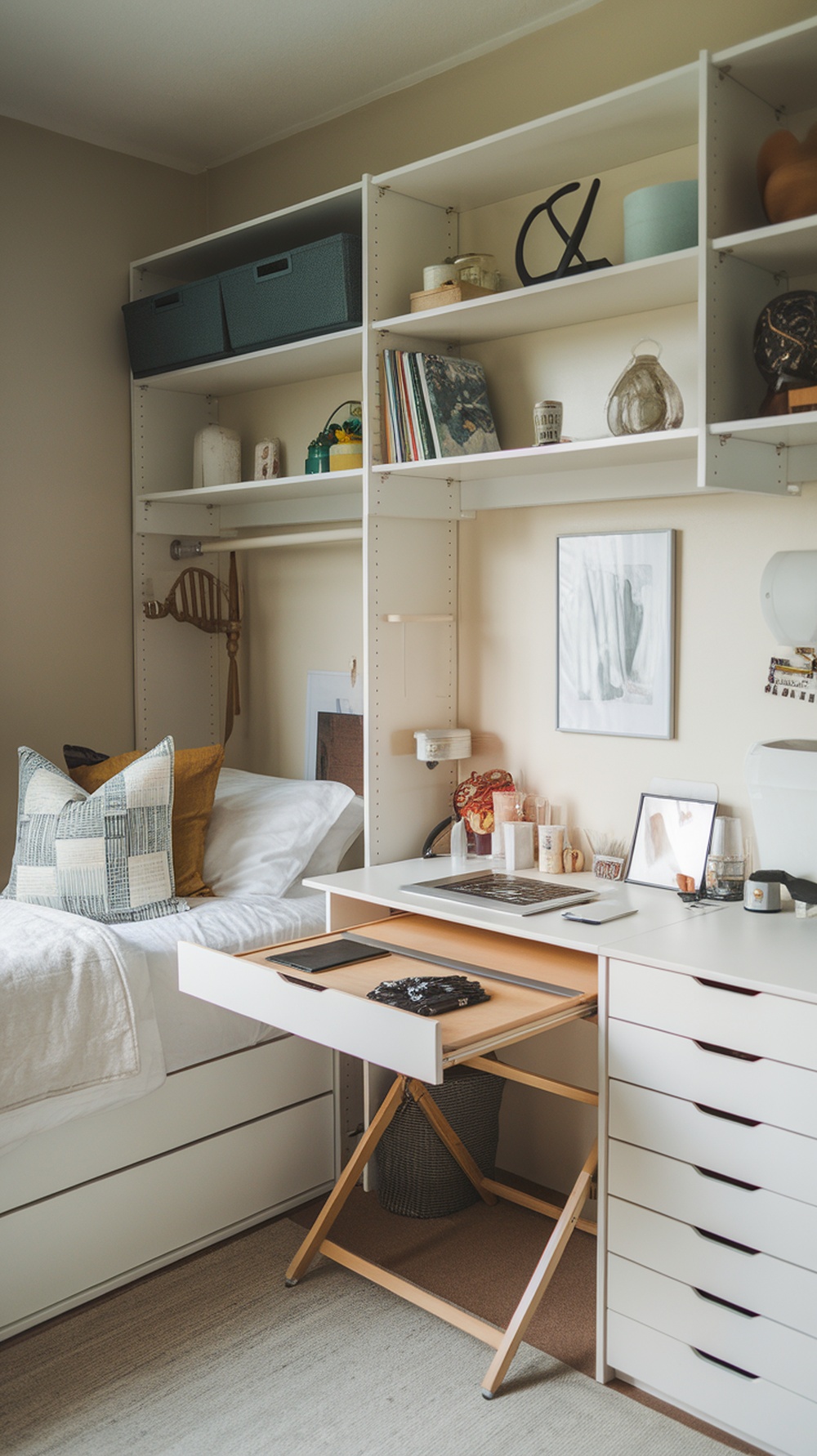 A cozy dorm room with a bed, multi-functional desk, and organized shelves.