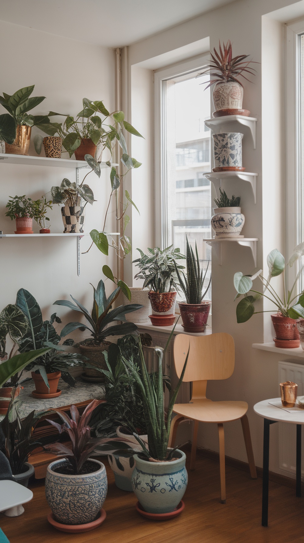 A cozy apartment corner filled with various indoor plants on shelves and the floor, enhancing the space's aesthetics.