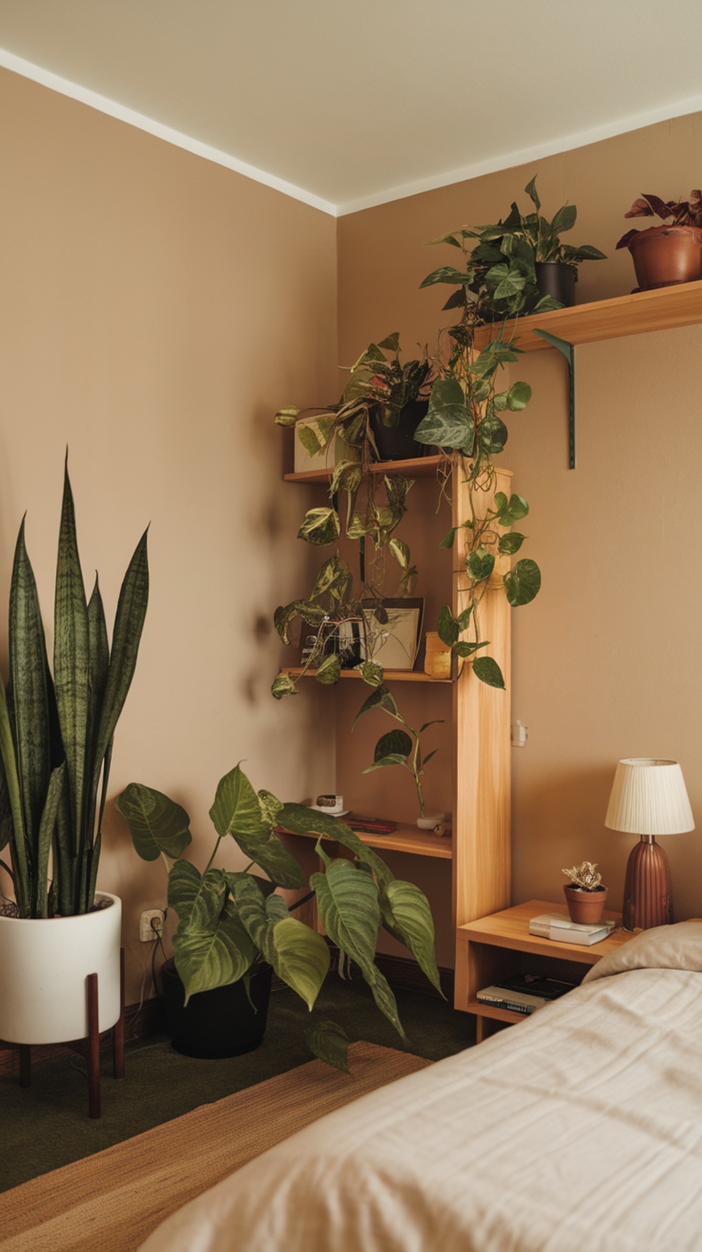A cozy bedroom with various indoor plants, including a tall snake plant and trailing pothos, creating a fresh and inviting atmosphere.
