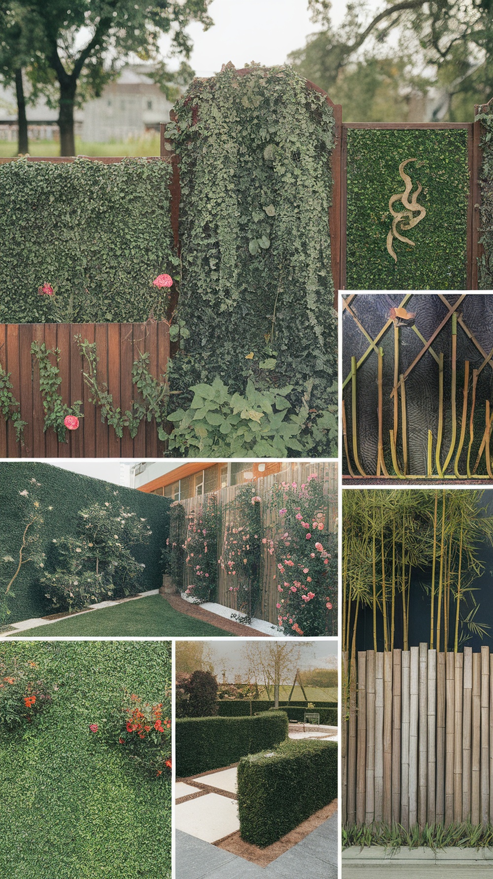 A collage of various living fence designs featuring greenery, flowers, and wooden structures.