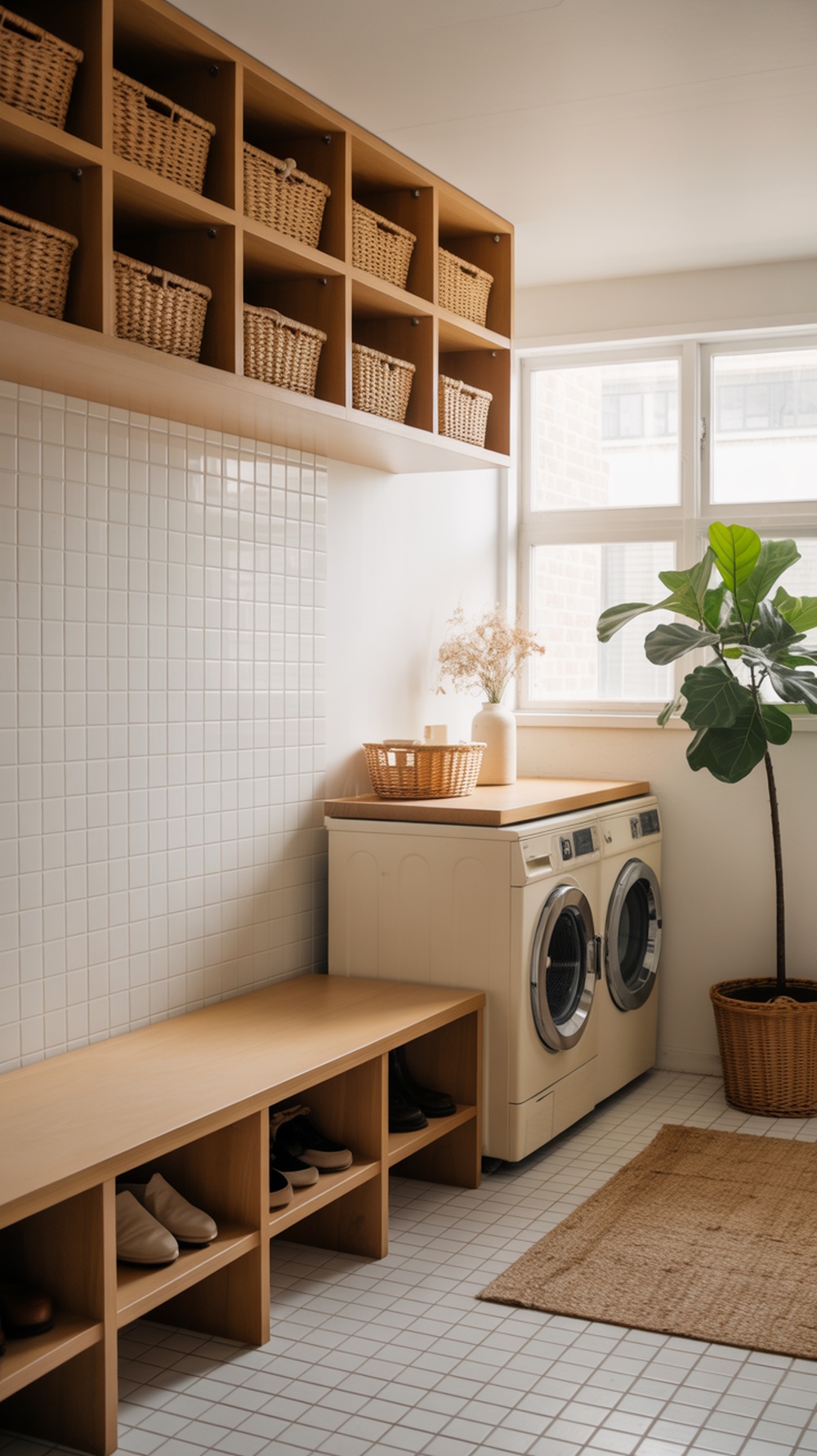 A modern laundry room integrated with a mudroom, featuring washing machines, wicker baskets on shelves, and a welcoming atmosphere.