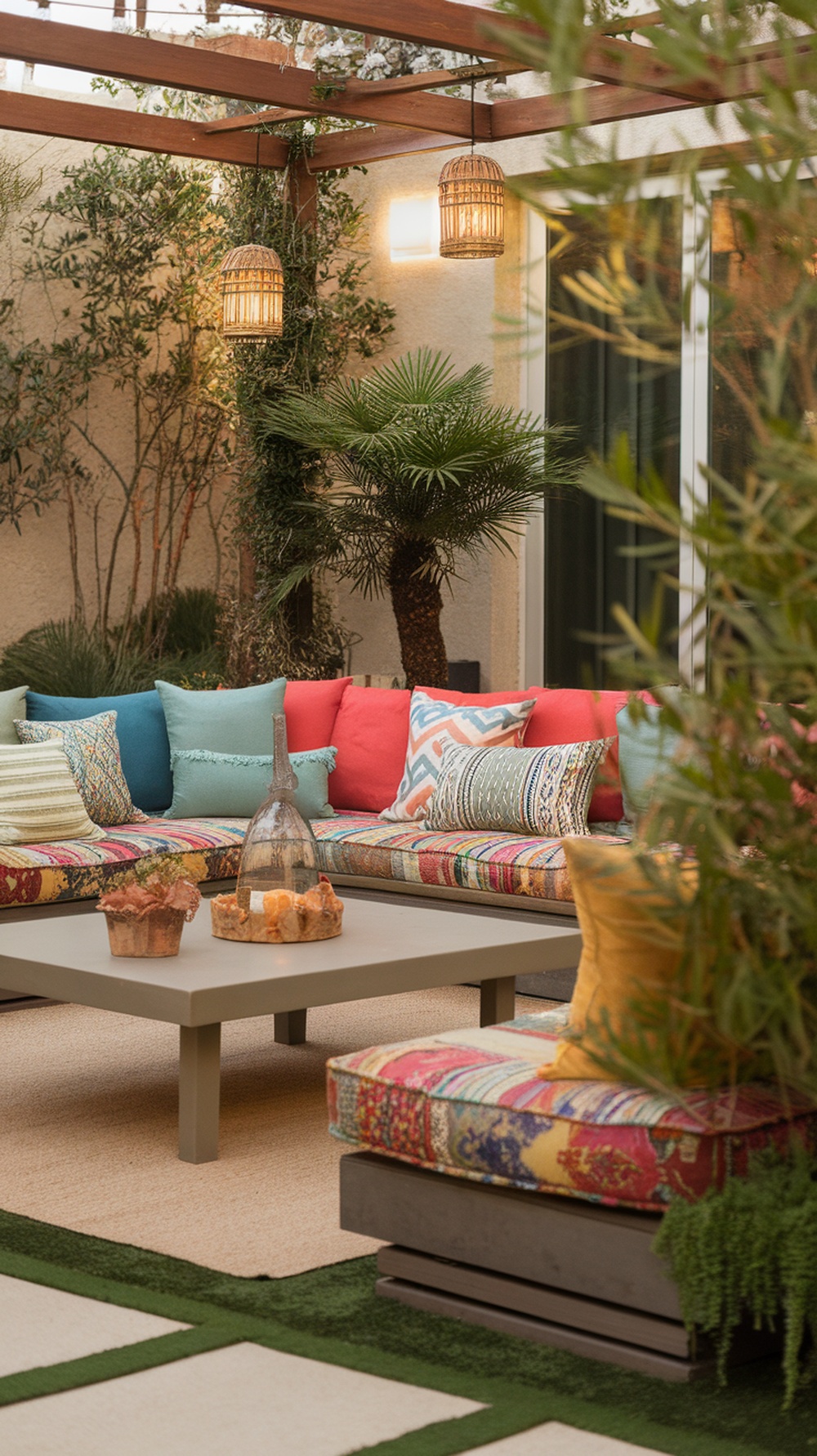 Colorful outdoor seating area with cushions and a coffee table surrounded by greenery.