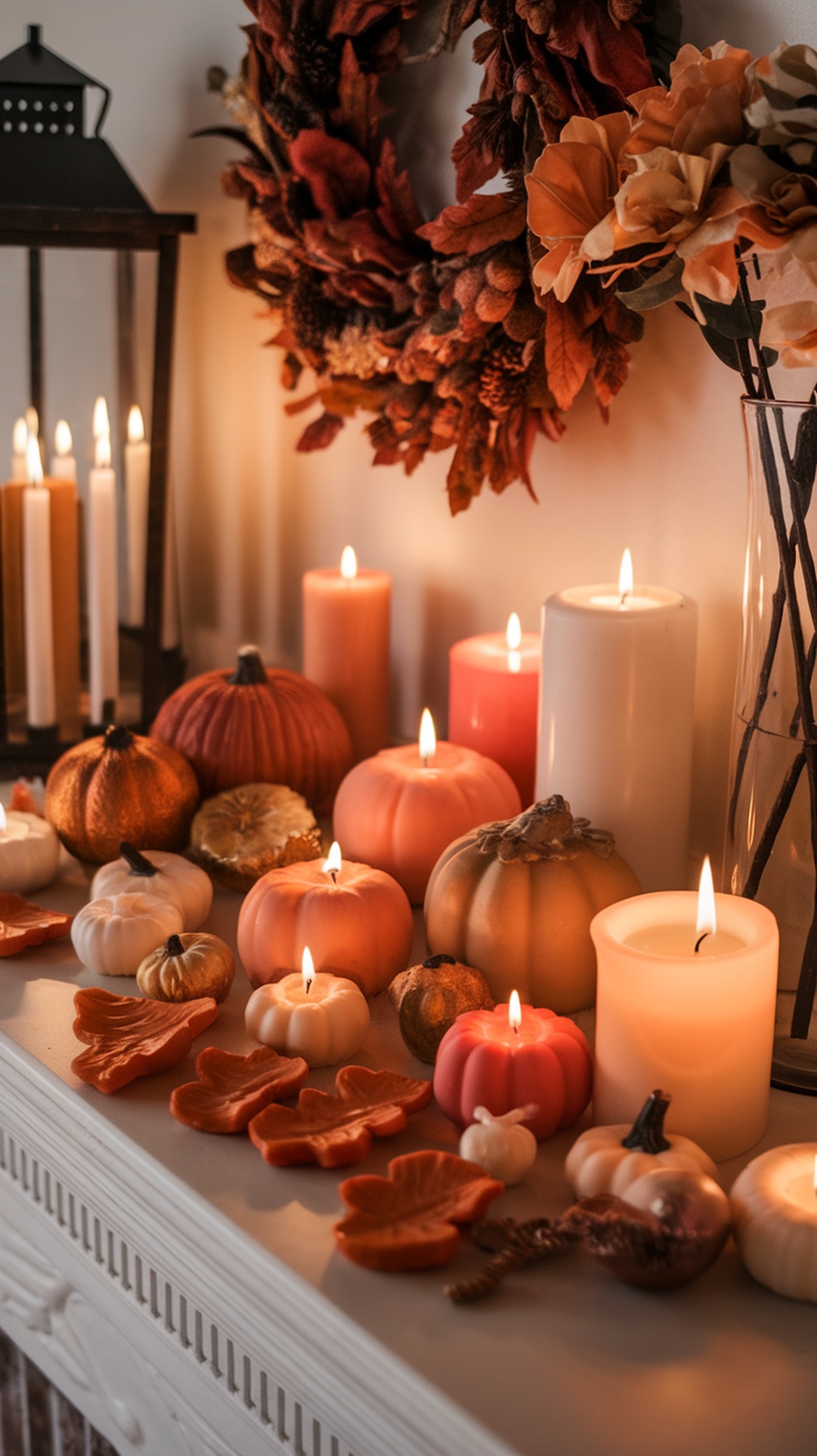 A cozy fall-themed living room display featuring various candles and pumpkins.