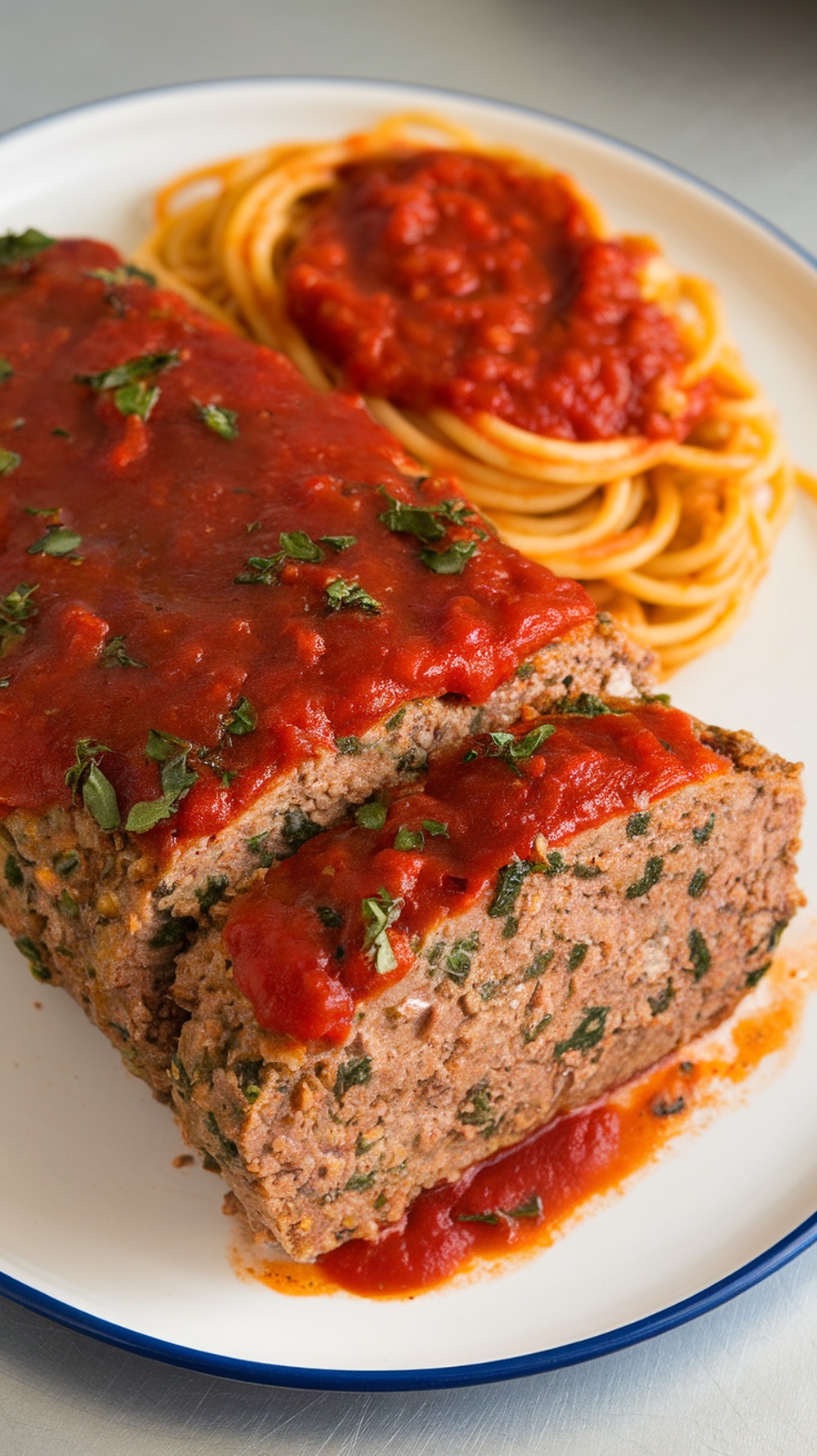 A slice of Italian Herb Meatloaf topped with tomato sauce, served with spaghetti.