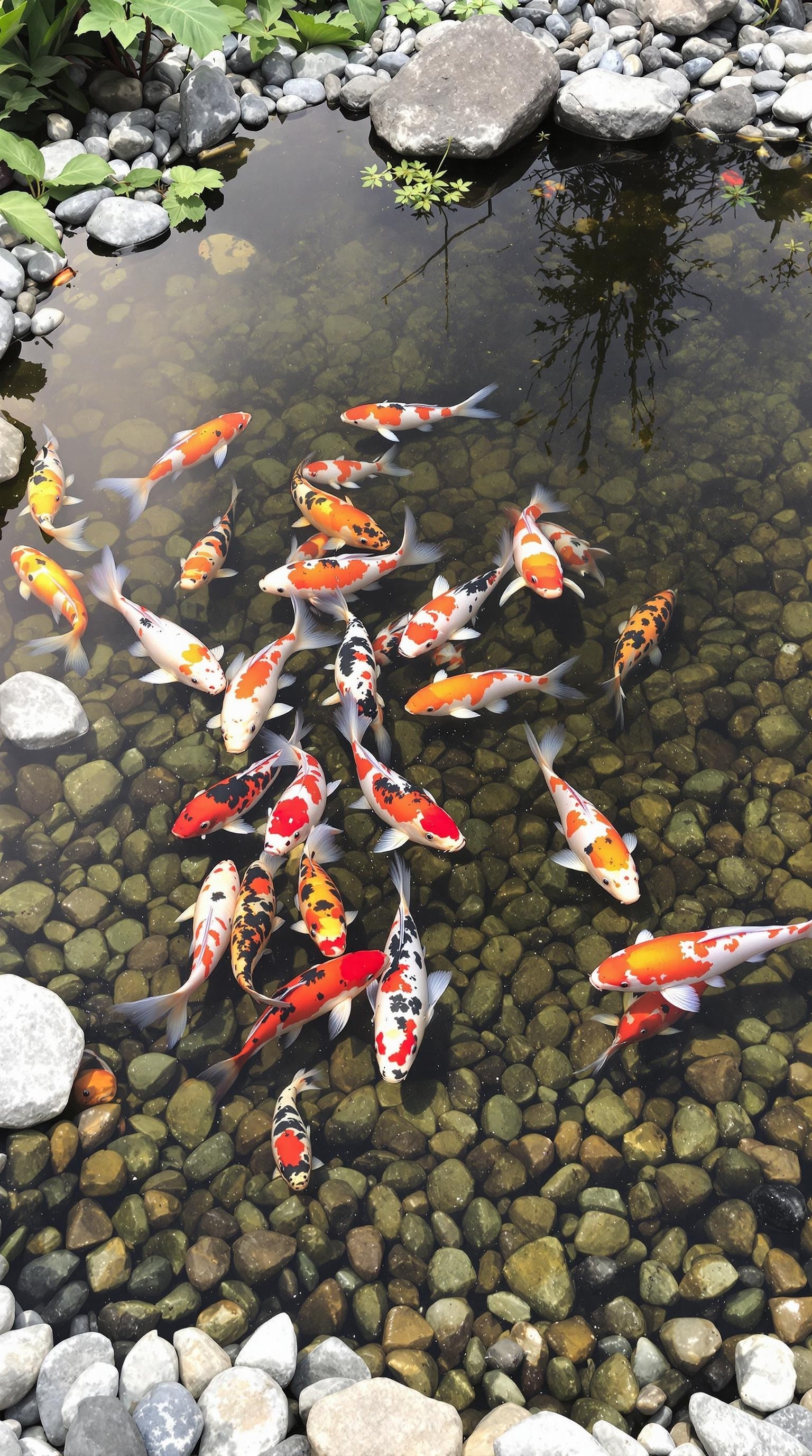 A koi pond with colorful koi fish swimming among smooth stones and surrounded by greenery.
