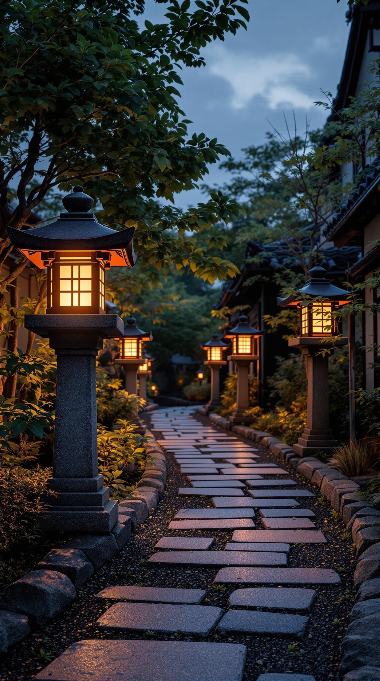 A tranquil path in a Japanese garden illuminated by traditional lanterns.