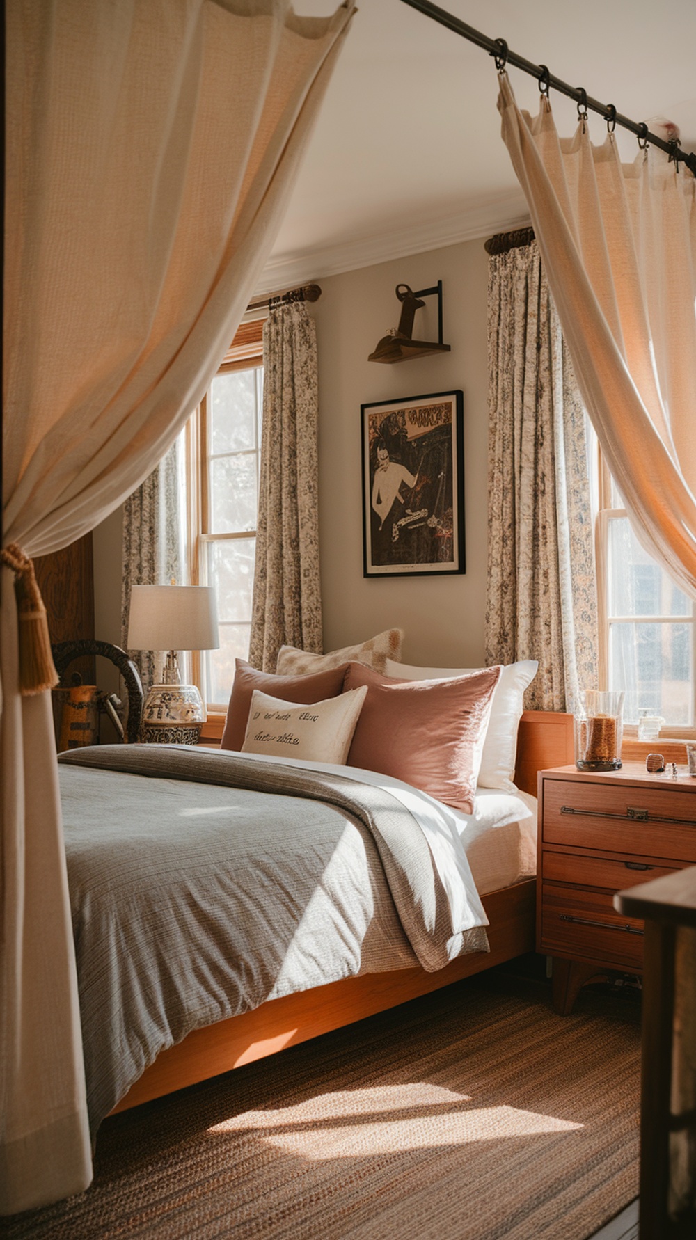 A cozy bedroom featuring layered curtains, a neatly made bed, and warm lighting.