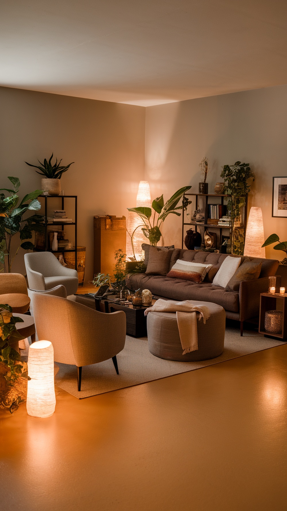 Cozy living room with layered lighting and earth tones