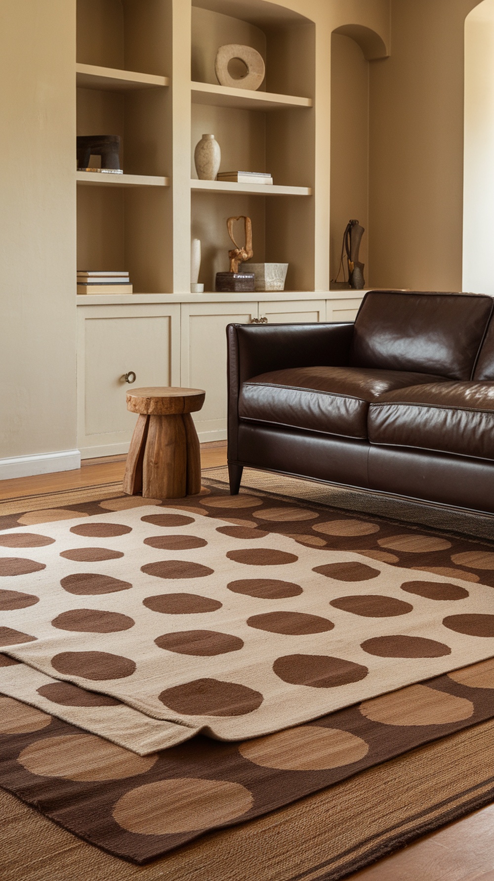 A cozy living room with layered rugs featuring polka dots and earthy tones.