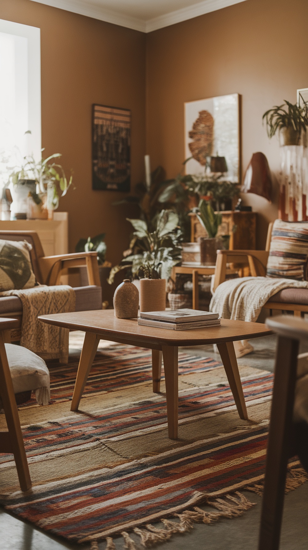 Cozy living room with layered rugs, wooden furniture, and plants.