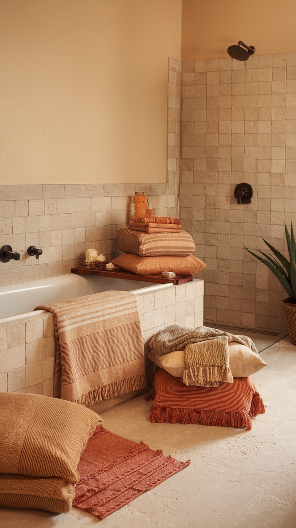 A cozy bathroom with warm-toned layered textiles, including towels and throws, creating a welcoming atmosphere.