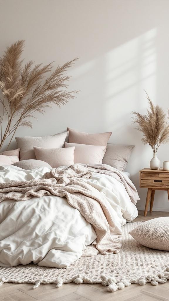 A cozy bedroom featuring layered textures with soft bedding, decorative plants, and a woven rug.