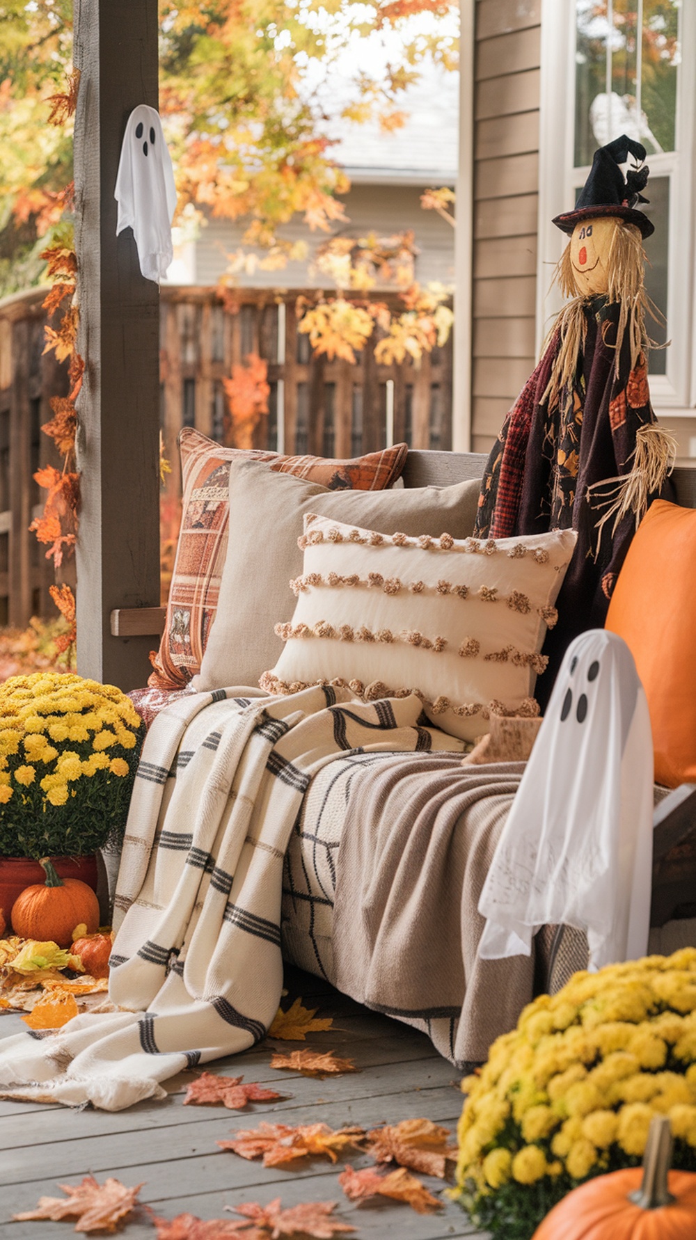 Cozy fall front porch with layered blankets, pillows, pumpkins, and autumn leaves