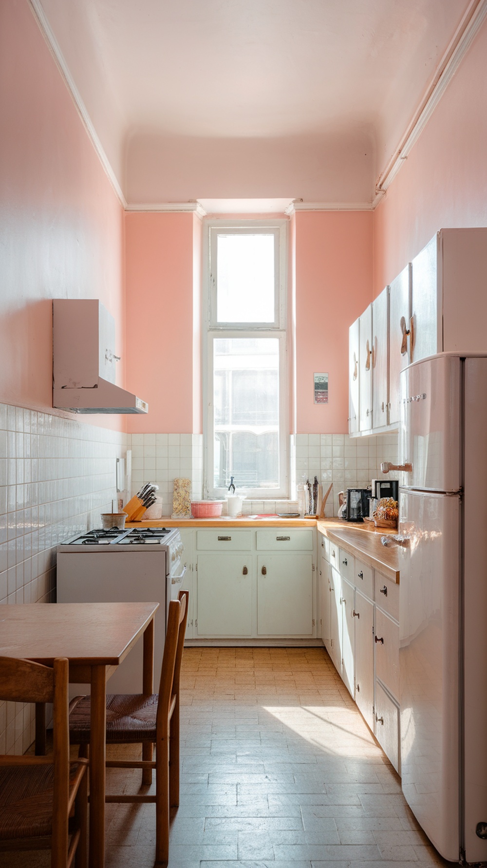 A small kitchen featuring light pink walls, white cabinets, and a wooden table.