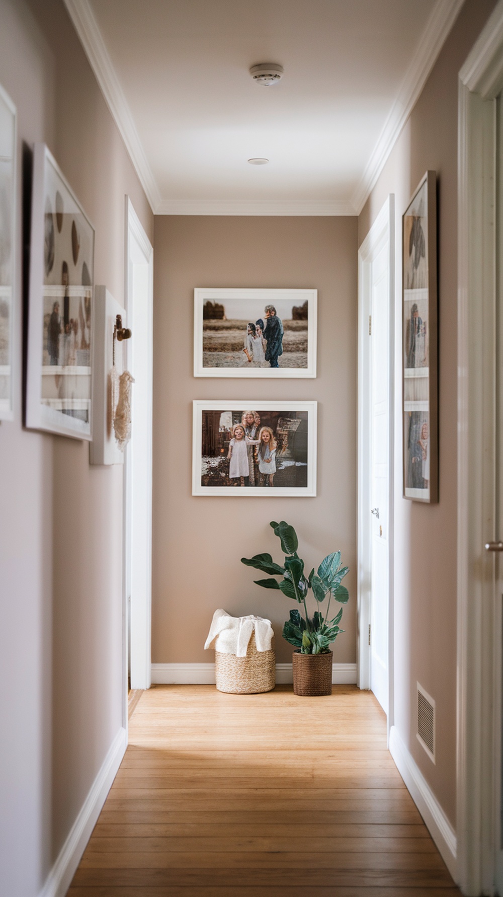 A cozy hallway painted in light taupe with framed photos on the walls and plants on the floor.
