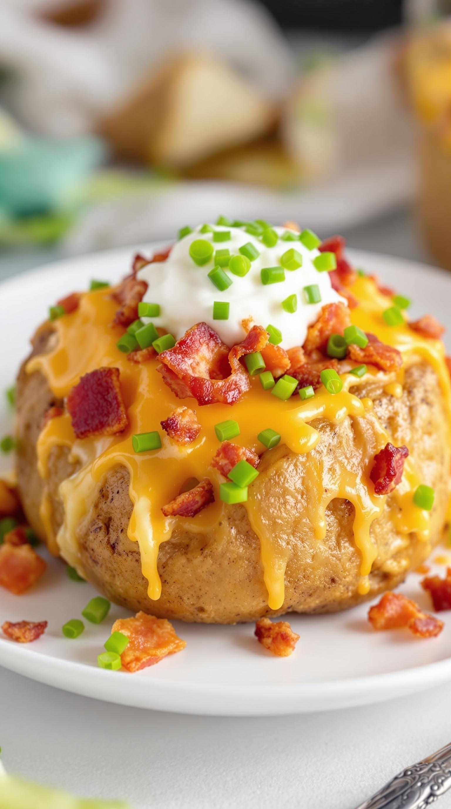 A loaded baked potato topped with cheese, bacon bits, green onions, and sour cream.