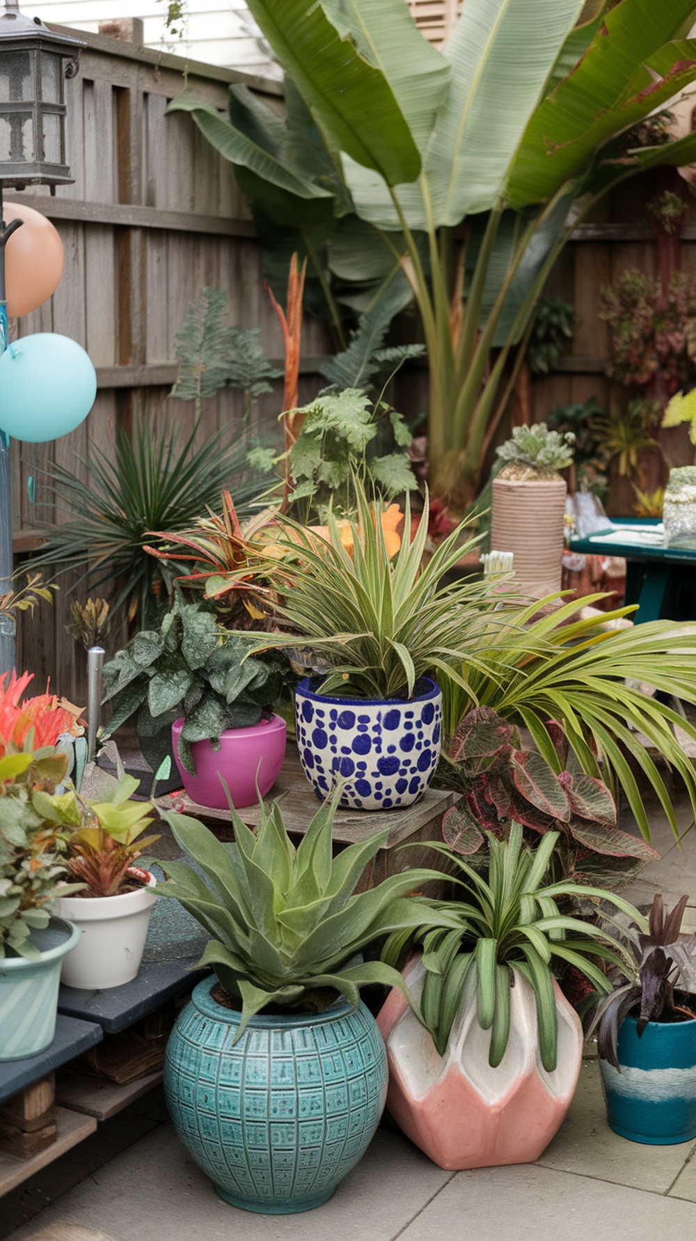 Colorful potted plants arranged in a backyard setting.