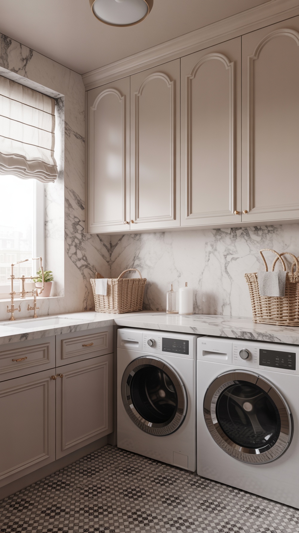 A luxurious laundry room with marble accents, featuring white cabinets, a marble countertop, and stylish decor.