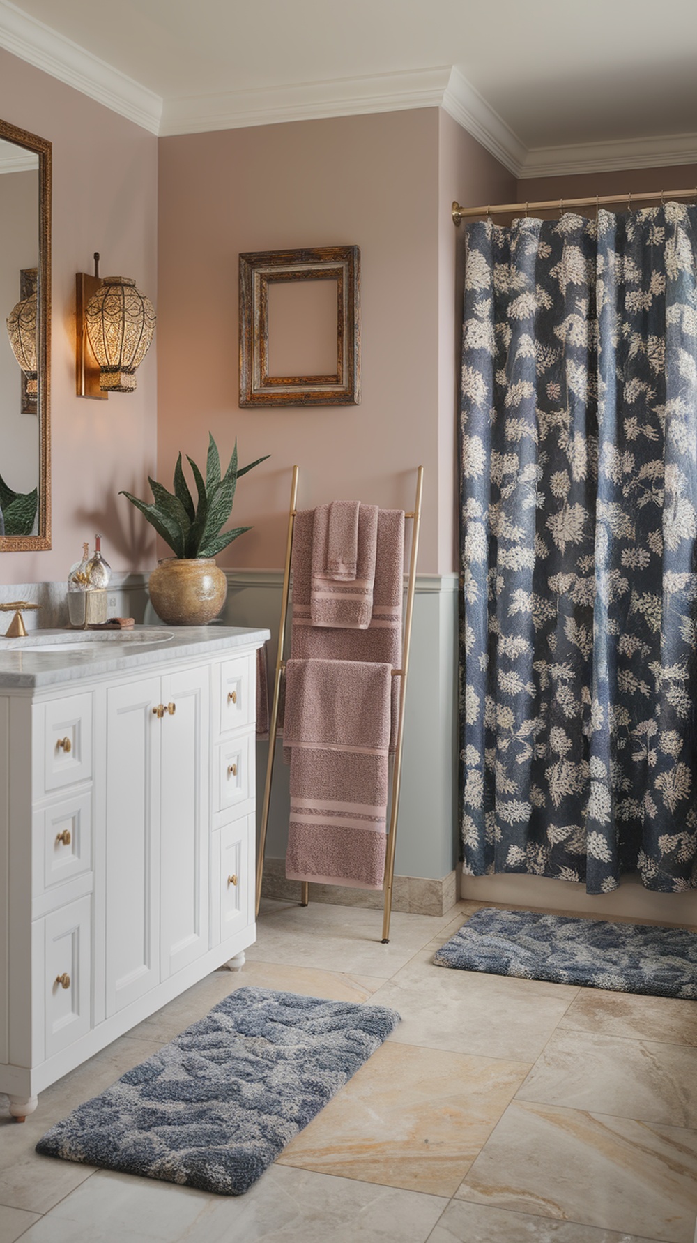 A stylish bathroom featuring plush towels, decorative rugs, and a floral shower curtain.