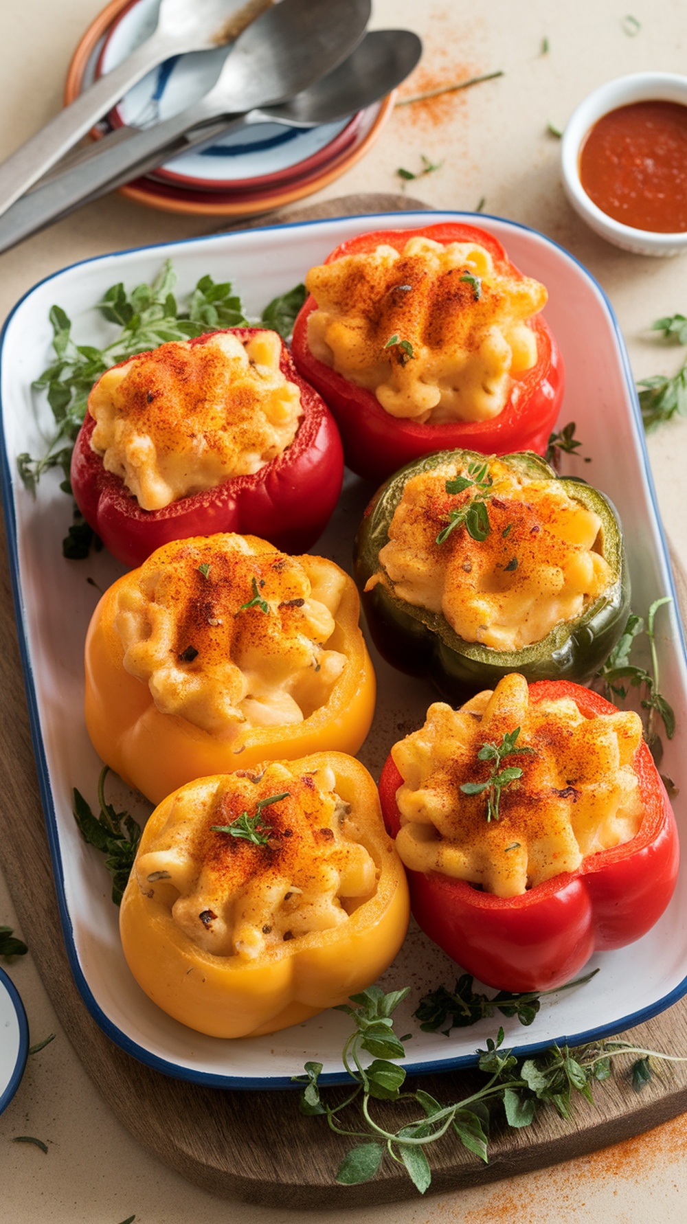 Colorful bell peppers stuffed with macaroni and cheese, topped with paprika and herbs.