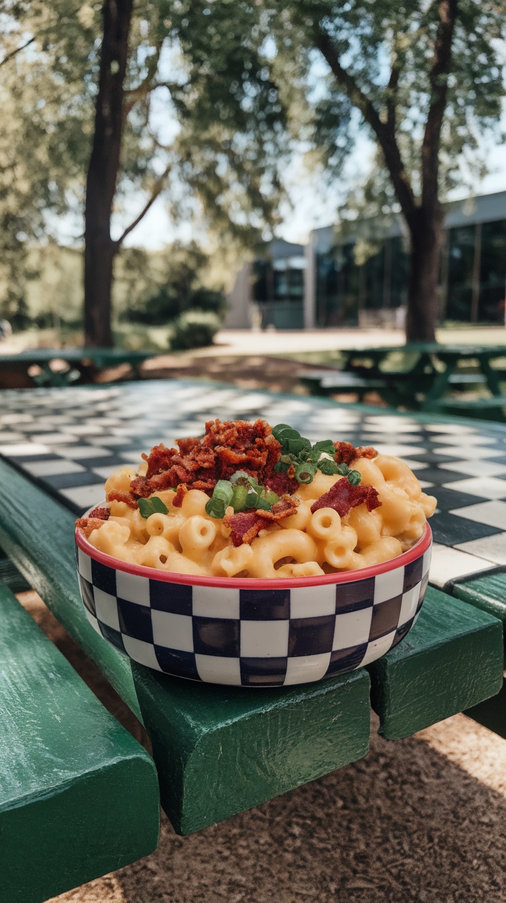 A bowl of mac and cheese topped with bacon crumbles and green onions, placed on a picnic table.