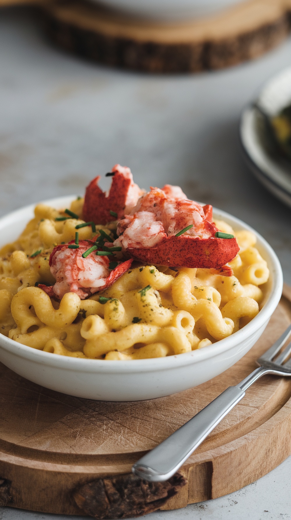 A bowl of mac and cheese topped with lobster meat, garnished with chives, served on a wooden cutting board.