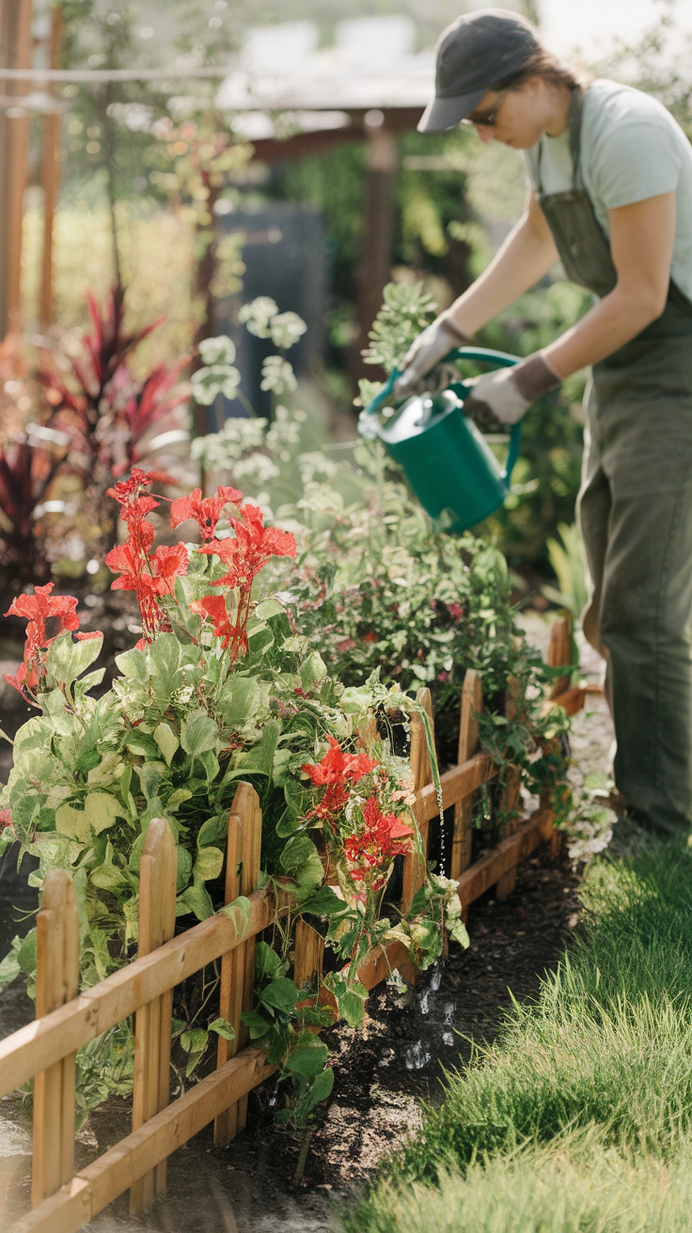 A person watering colorful flowers in a garden with a wooden fence.