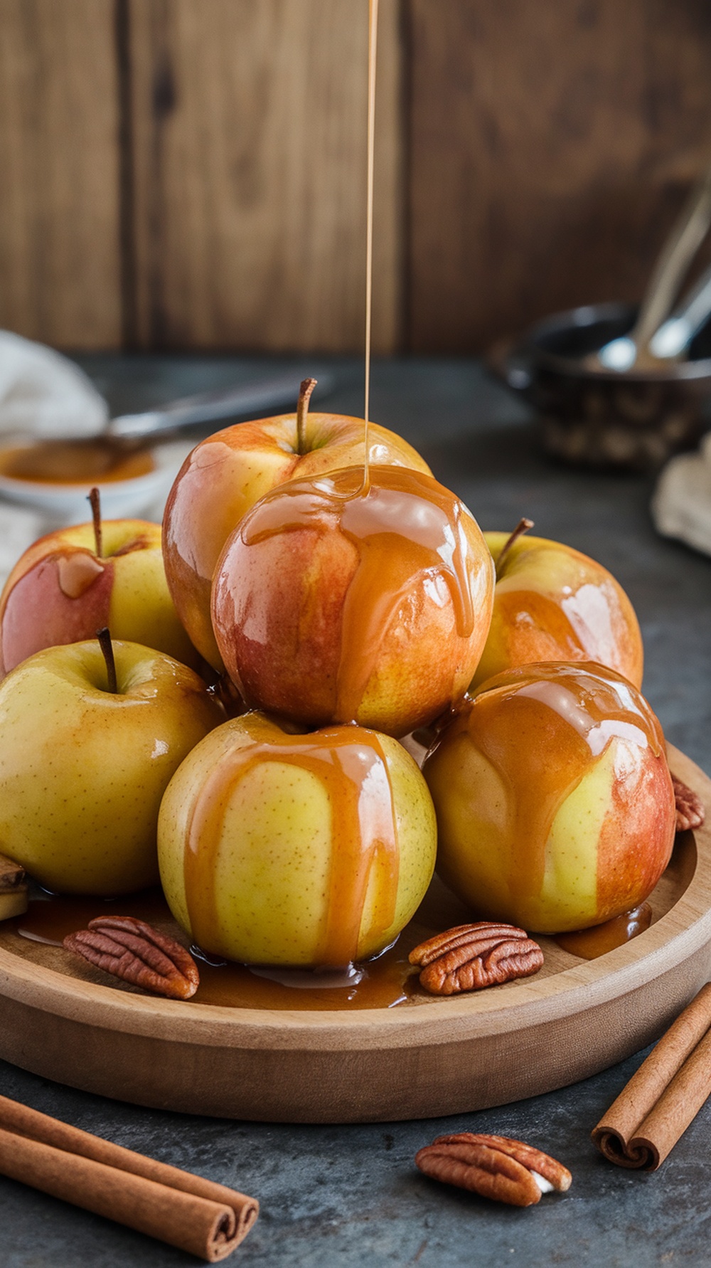 A wooden platter with shiny, caramel-coated apples drizzled with maple syrup and surrounded by pecans and cinnamon sticks.