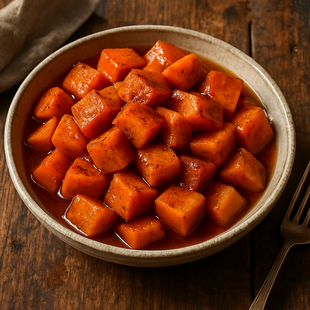 A bowl of maple-glazed sweet potatoes with cinnamon, glistening in a rich syrup.