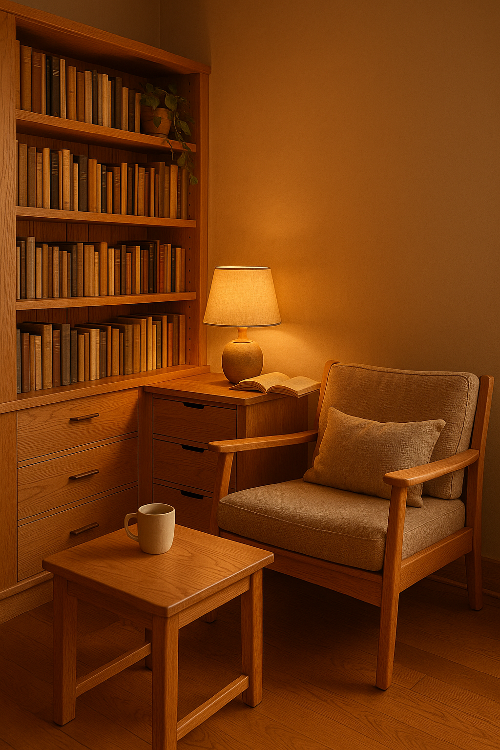 Cozy reading nook with maple wood furniture and warm lighting