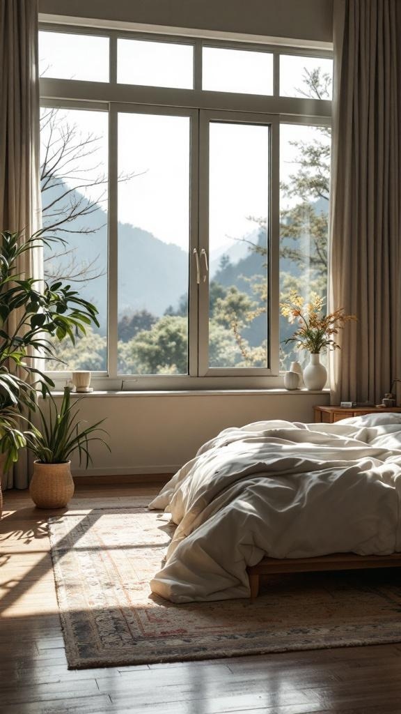 A bright bedroom with large windows, soft bedding, and indoor plants, showcasing Japandi style.
