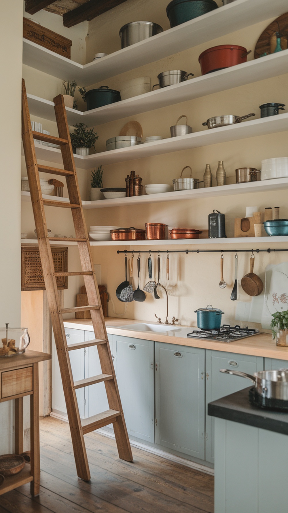 A small kitchen with open shelves, a wooden ladder, and various cookware displayed.