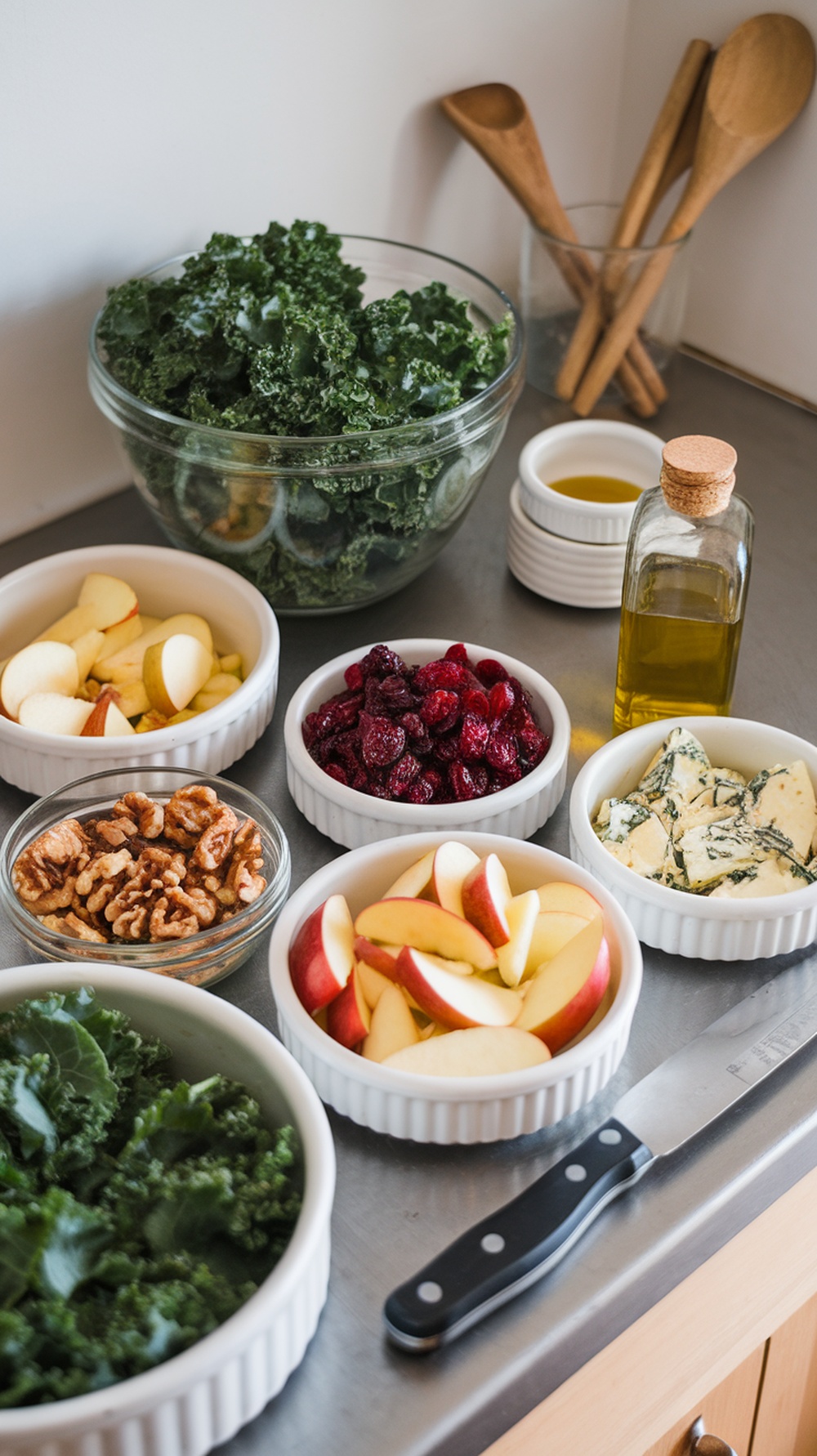 Ingredients for a kale apple salad, including kale, sliced apples, walnuts, dried cranberries, and cheese, arranged in bowls on a kitchen counter.