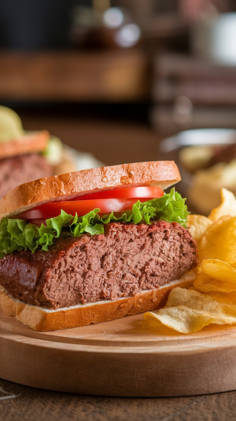A delicious meatloaf sandwich with lettuce and tomato, served with potato chips.