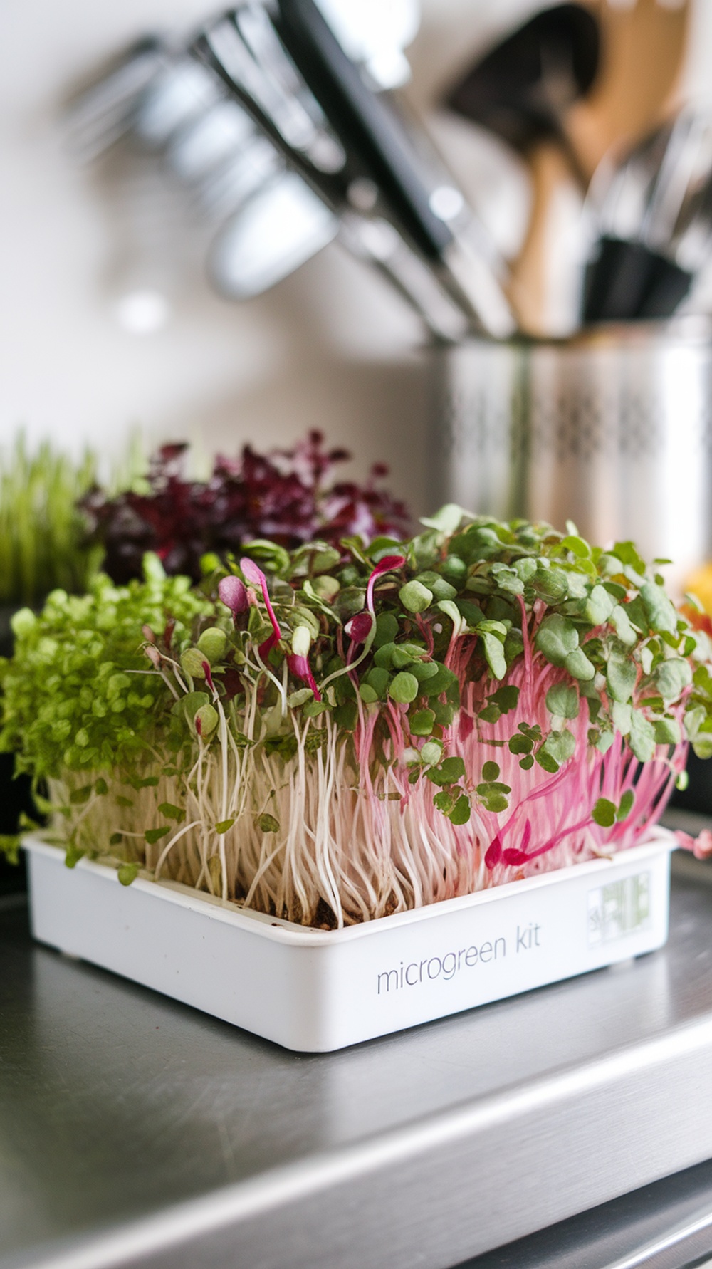 A microgreens kit with vibrant greens growing in a tray on a kitchen counter.