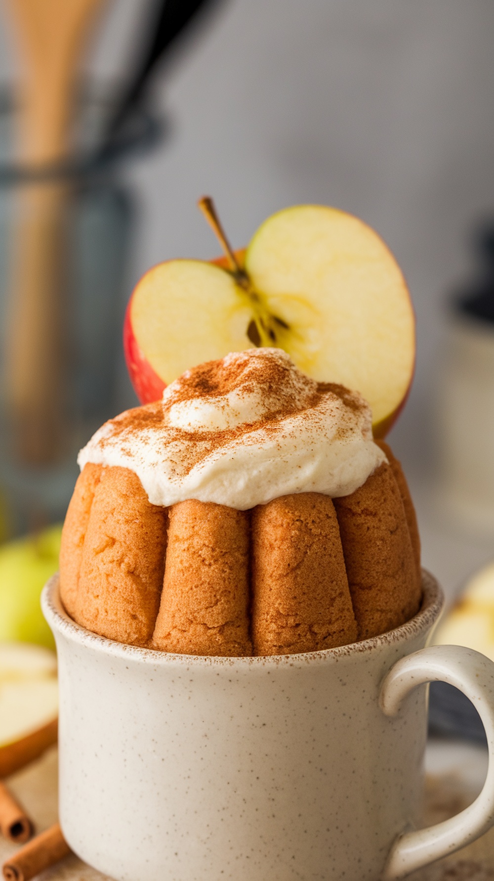 A delicious microwave apple mug cake topped with whipped cream and a slice of apple