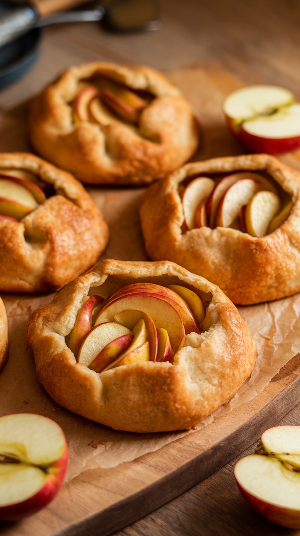Mini apple galettes with sliced apples on a wooden board