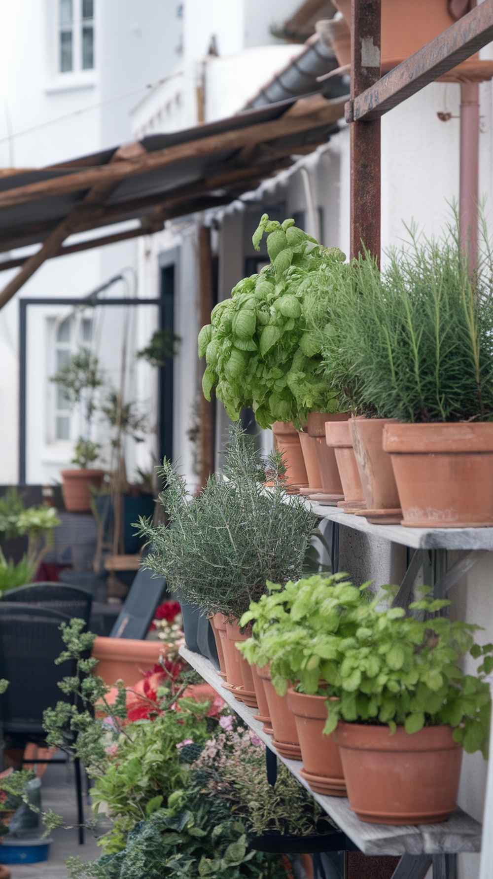 A balcony with pots of basil, rosemary, and other herbs arranged along a railing.